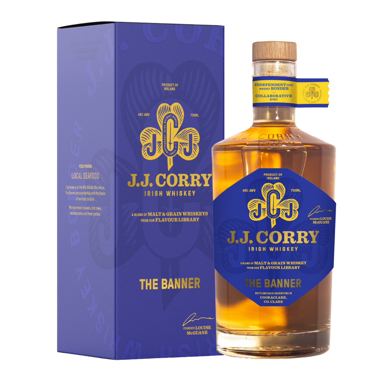 A bottle of JJ Corry's The Banner with its whiskey box on a plain background