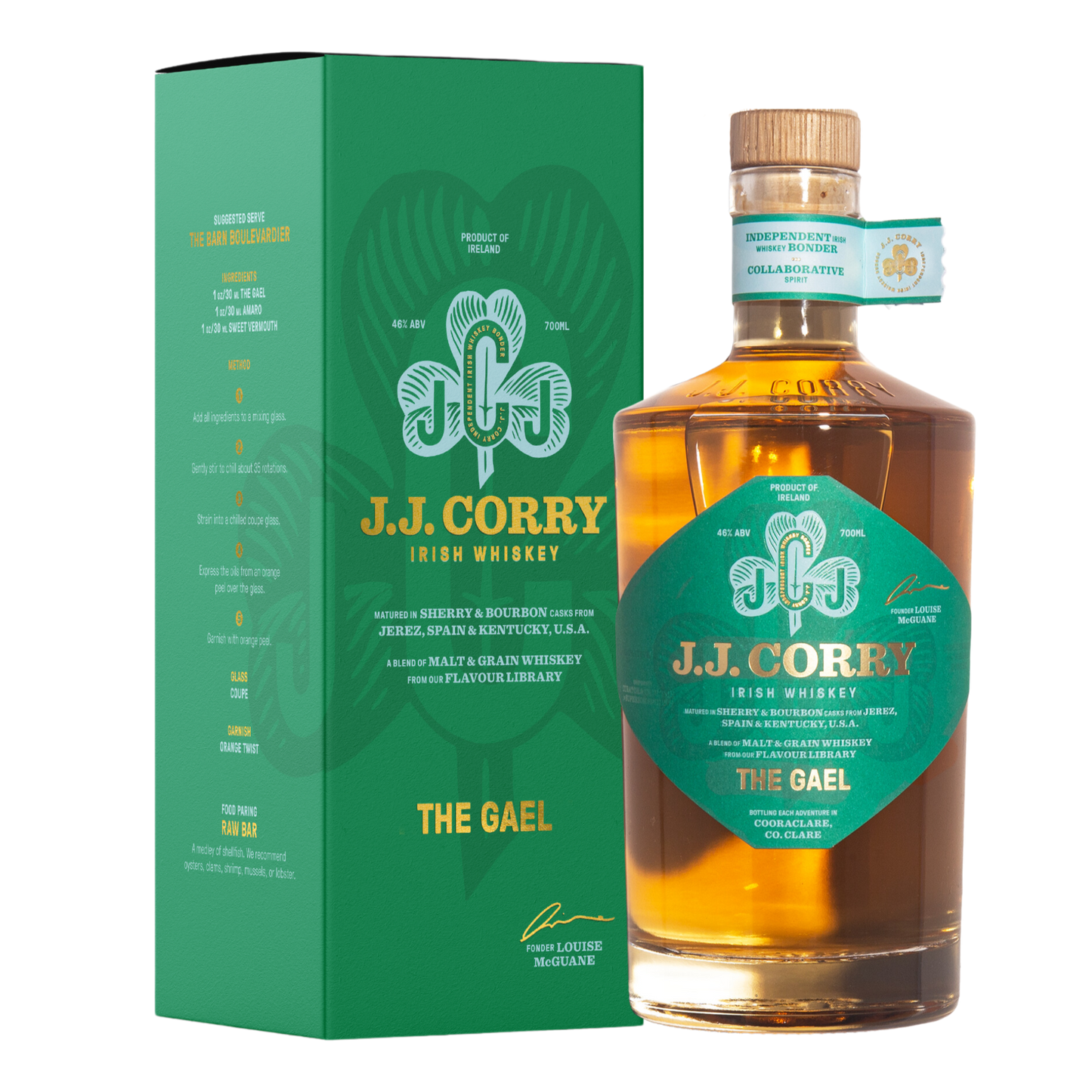 A bottle of JJ Corry;s The Gael Irish Whiskey with its whiskey box on a plain background