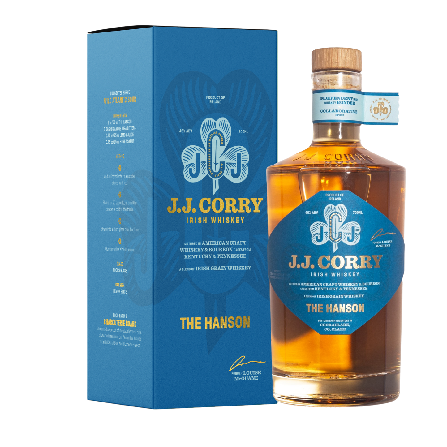 A bottle of JJ Corry's The Hanson with its whiskey box on a plain background