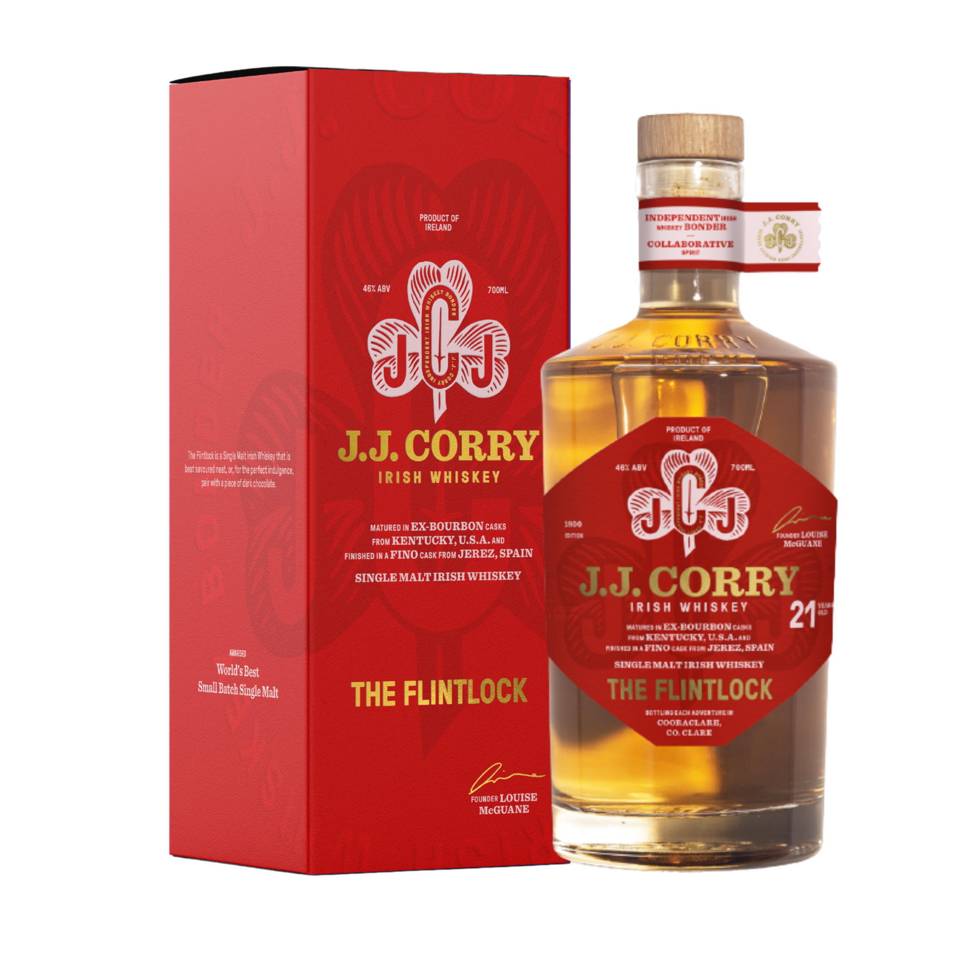 This is a photograph of a bottle of JJ Corry's The Flintlock Irish whiskey with its whiskey box on a plain background