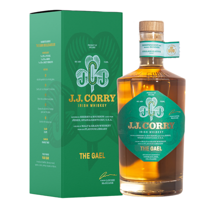 A bottle of JJ Corry;s The Gael Irish Whiskey with its whiskey box on a plain background