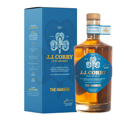 A bottle of JJ Corry's The Hanson with its whiskey box on a plain background